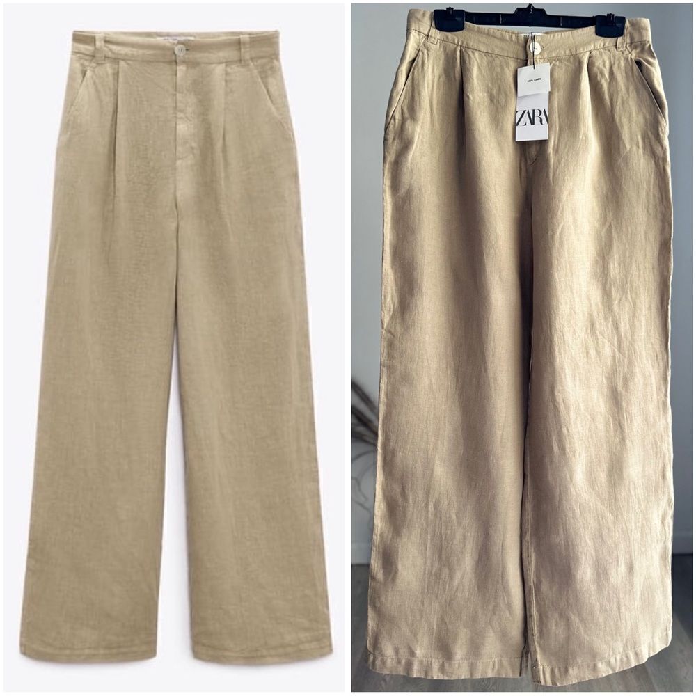 ZARA WIDE LEG LINEN PANTS LIGHT KHAKI